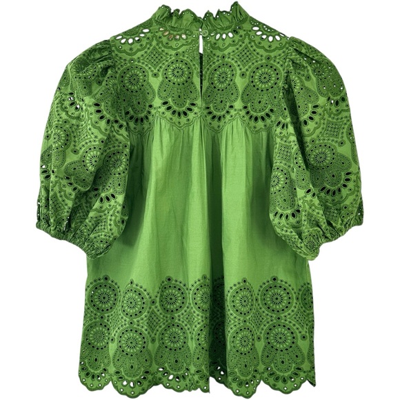 Ulla Johnson Mischa Top - Green Puff Sleeve Loose Fit Eyelet Cotton Blouse sz 2 - Picture 5 of 11